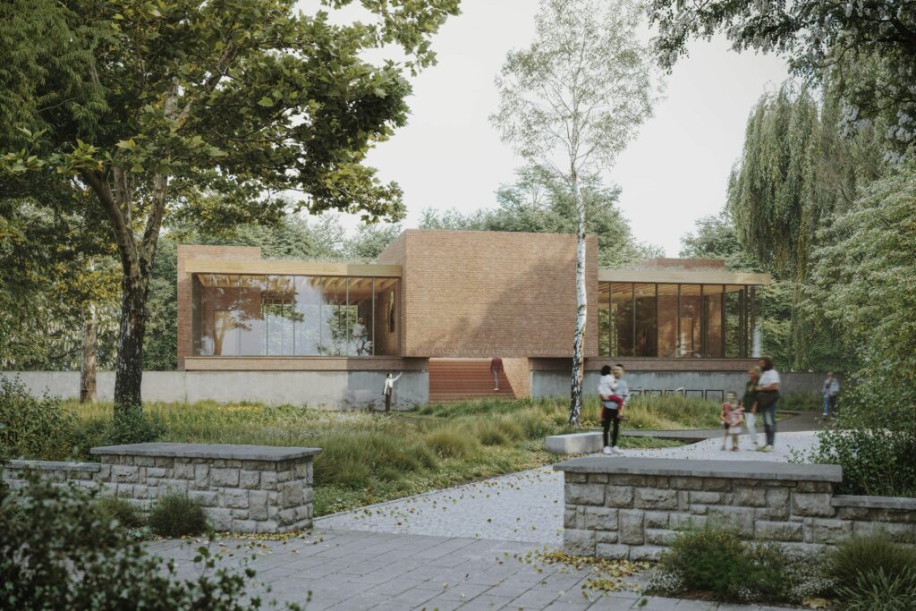 Visualisierung des zu erbauenden Besuchszentrum des forum 1848 am Friedhof der Märzgefallenen