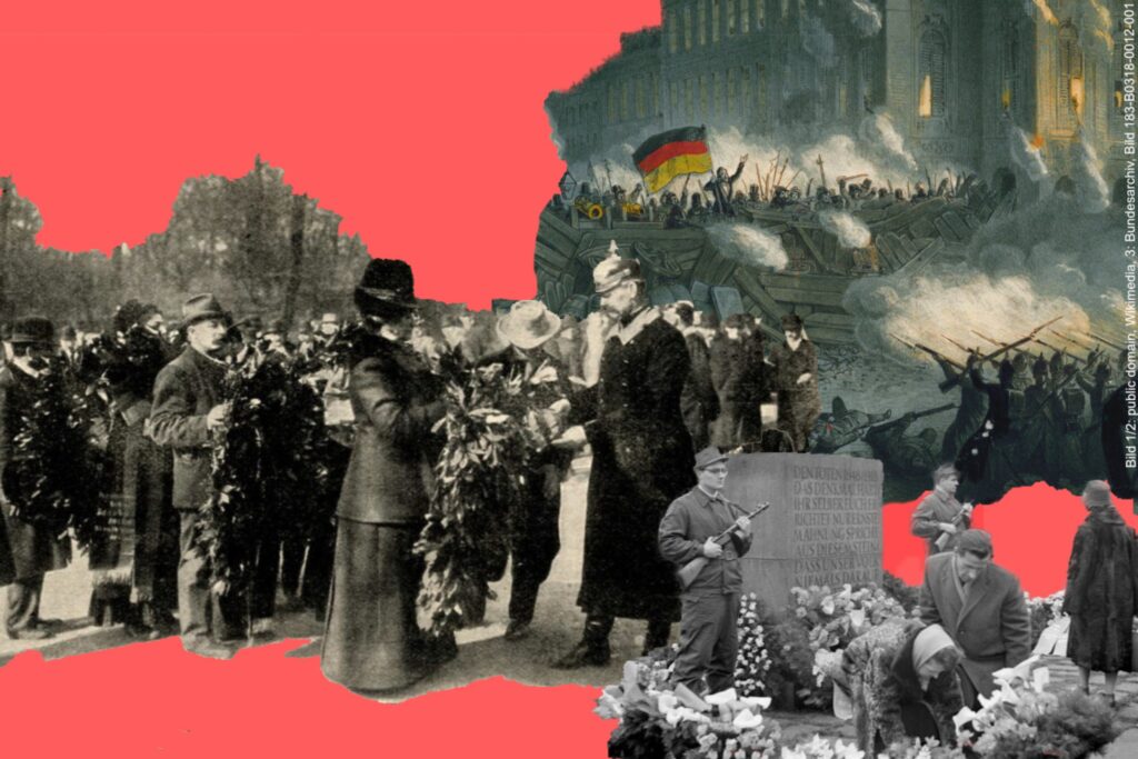 forum 1848 am Friedhof der Märzgefallenen, Bildcollage von Revolution und der Nutzung des Friedhofs im Laufe der Jahre