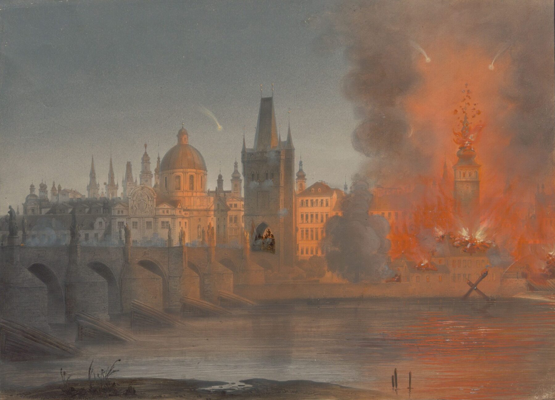 Man sieht die Skyline von Prag mit Brücke und Wasser. Rechts im Bild gibt es Feuer, der Bereich ist voll mit Rauch und rötlich eingefärbt