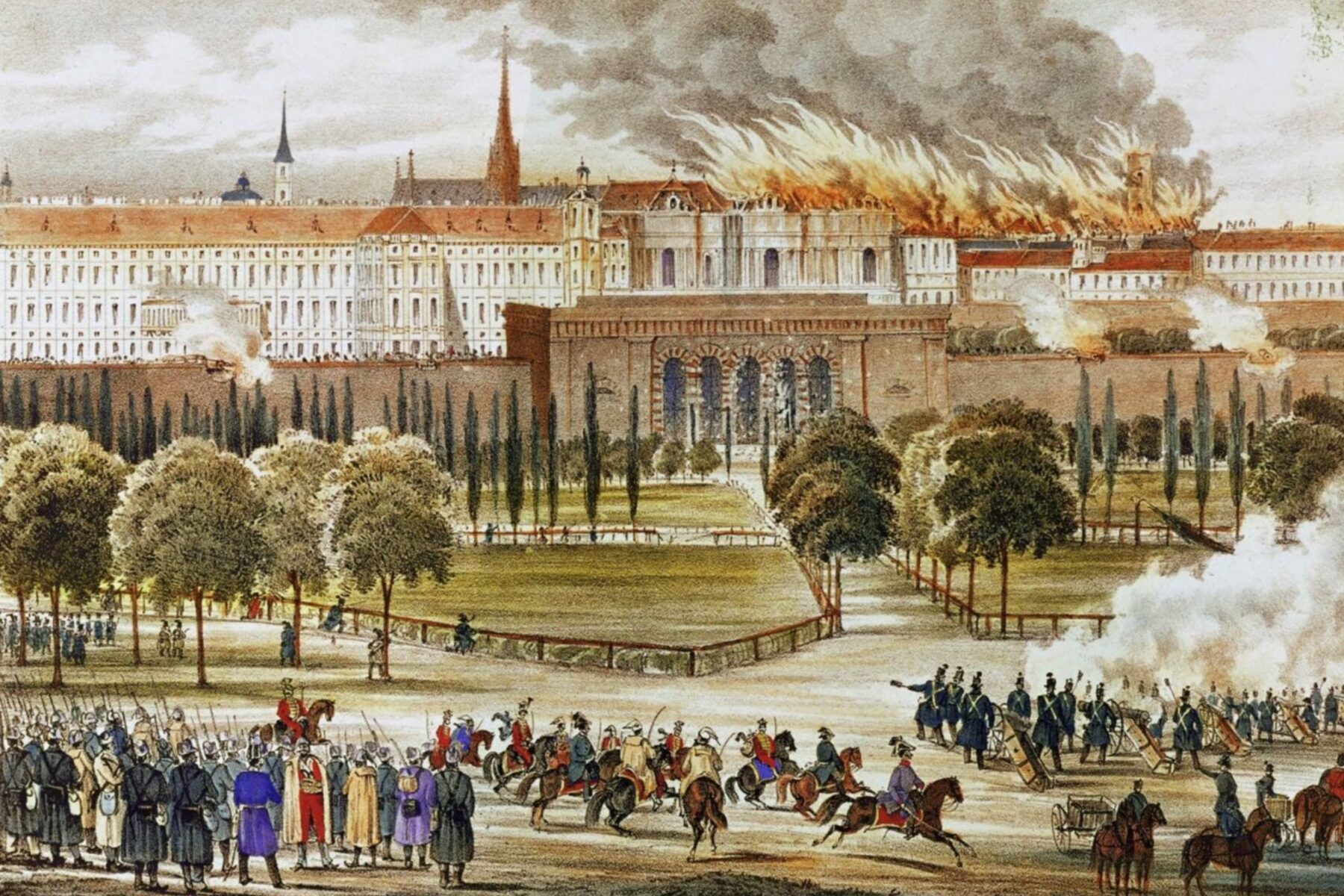 Im Hintergrund brennt eine Burg in Wien, vorne sieht man viele Menschen auf sie zu marschieren.