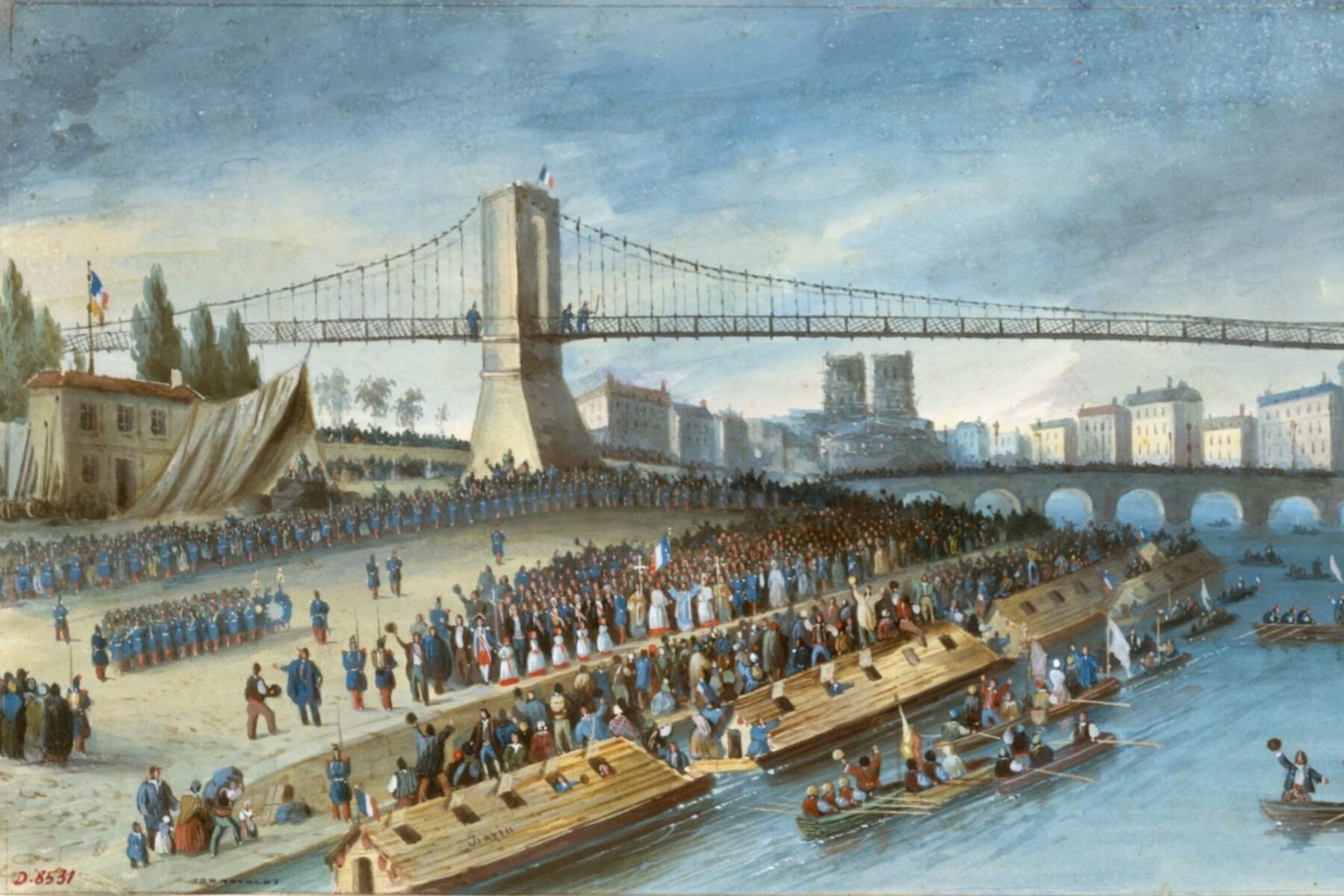 Eine Szene am Fluss. Im Hintergrund ist eine große Brücke. Vorne am Wasser sind Menschen vor einem Schiff versammelt, die sich zum Aufbruch bereit machen.