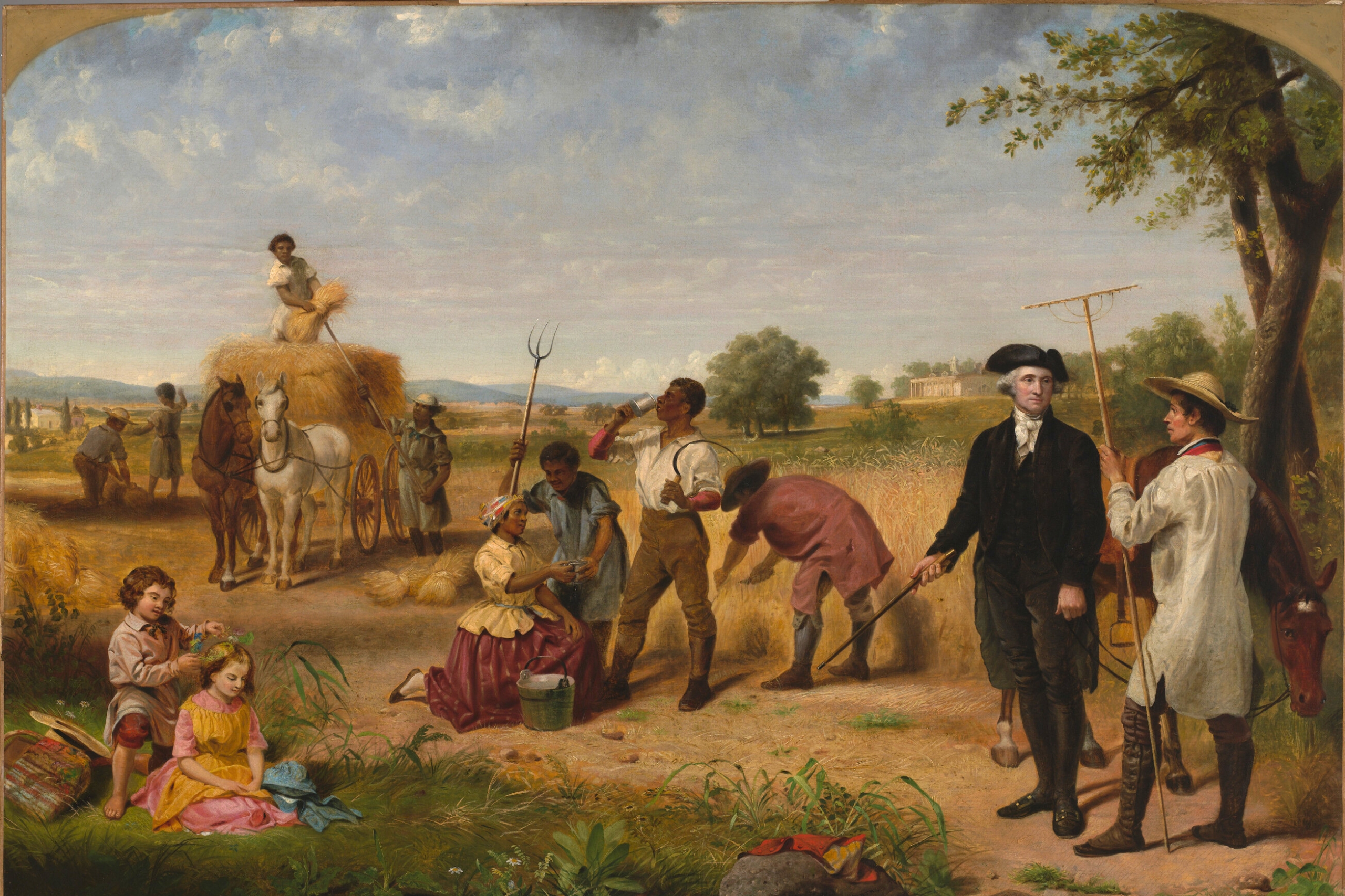 Menschen arbeiten auf einem Feld. Washington ist als Farmer zu sehen.
