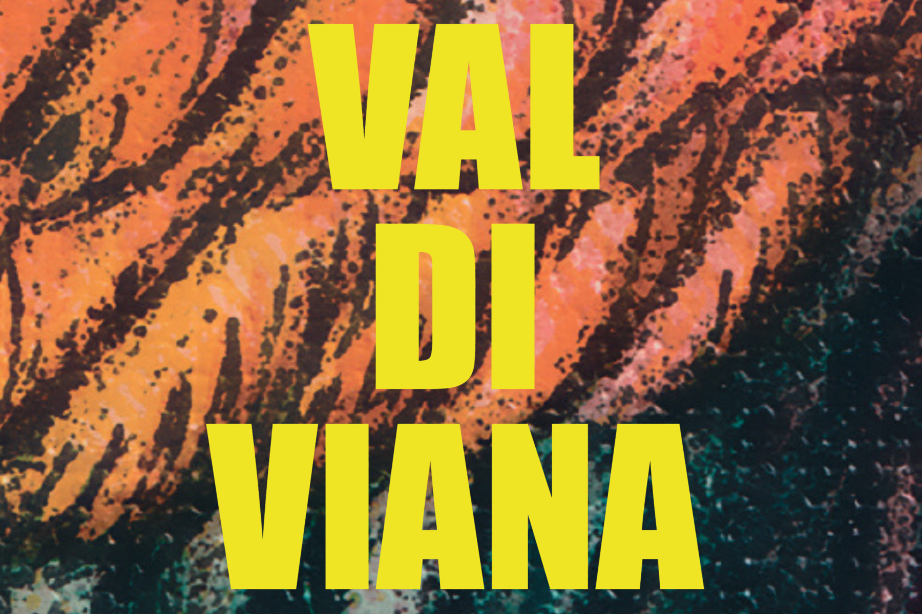 Text in Neongelb "VALDIVIANA" auf einem Hintergrund aus bunten, gezeichneten Federn